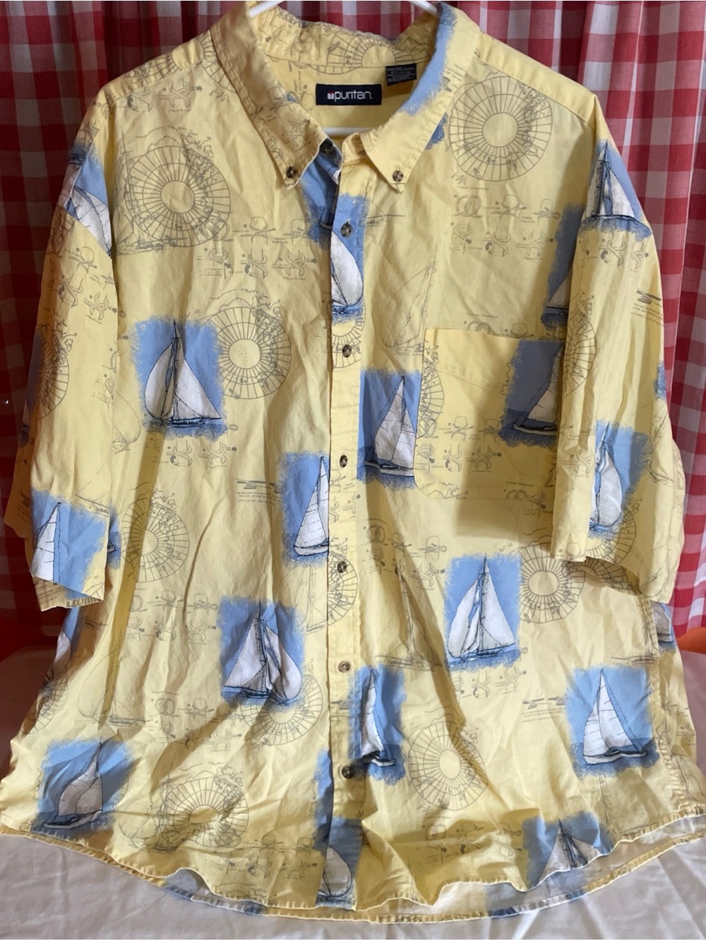 Puritan Yellow Cotton Button-Up Shirt with Nautical Map Print